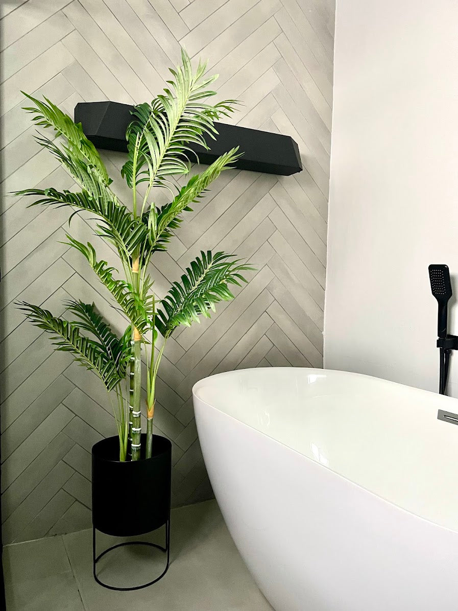 4ft areca palm tree and black metal round planter